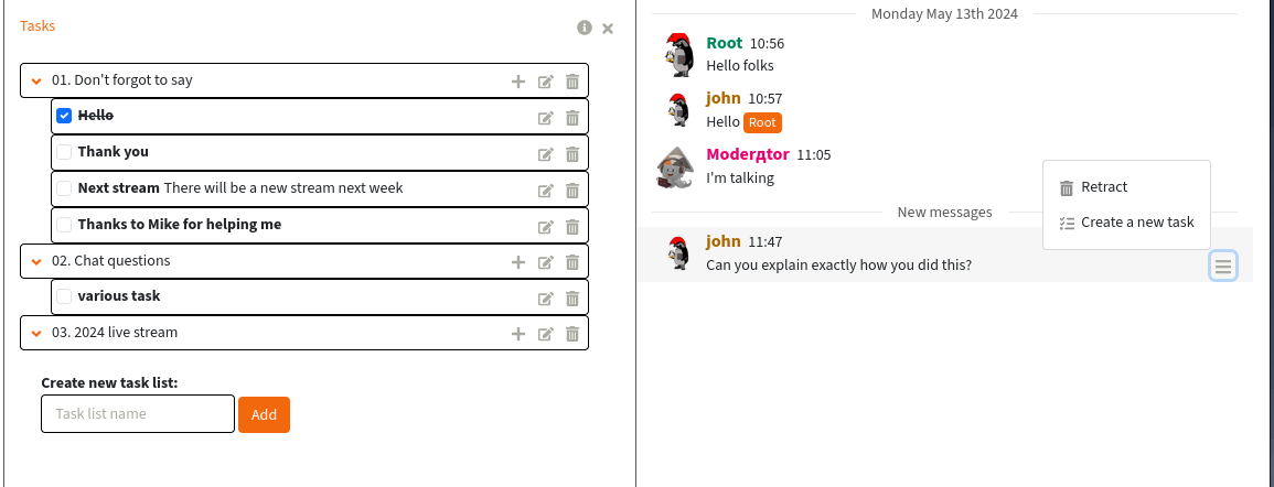 Screenshot z chatové relace. Vedle zprávy je otevřená nabídka s tlačítkem pro vytvoření nového úkolu.